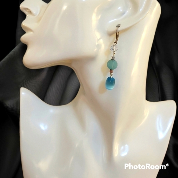 Hand Crafted Jewelry - HANDMADE Baby Blue Glass Beaded Dangle Leverback Mermaidcore Earrings